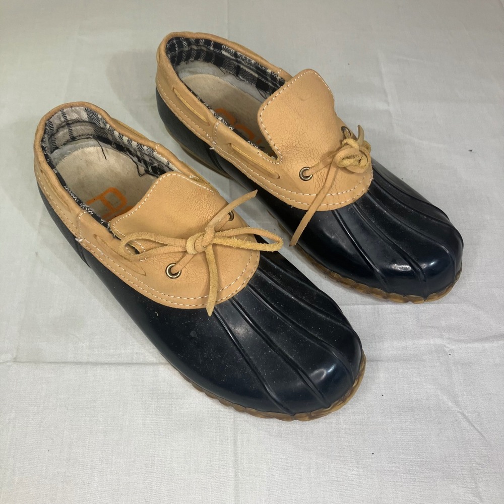 Aquastop Tara Black Tan Leather Duck Shoes Womens 9 Med Steel Shank Loafers